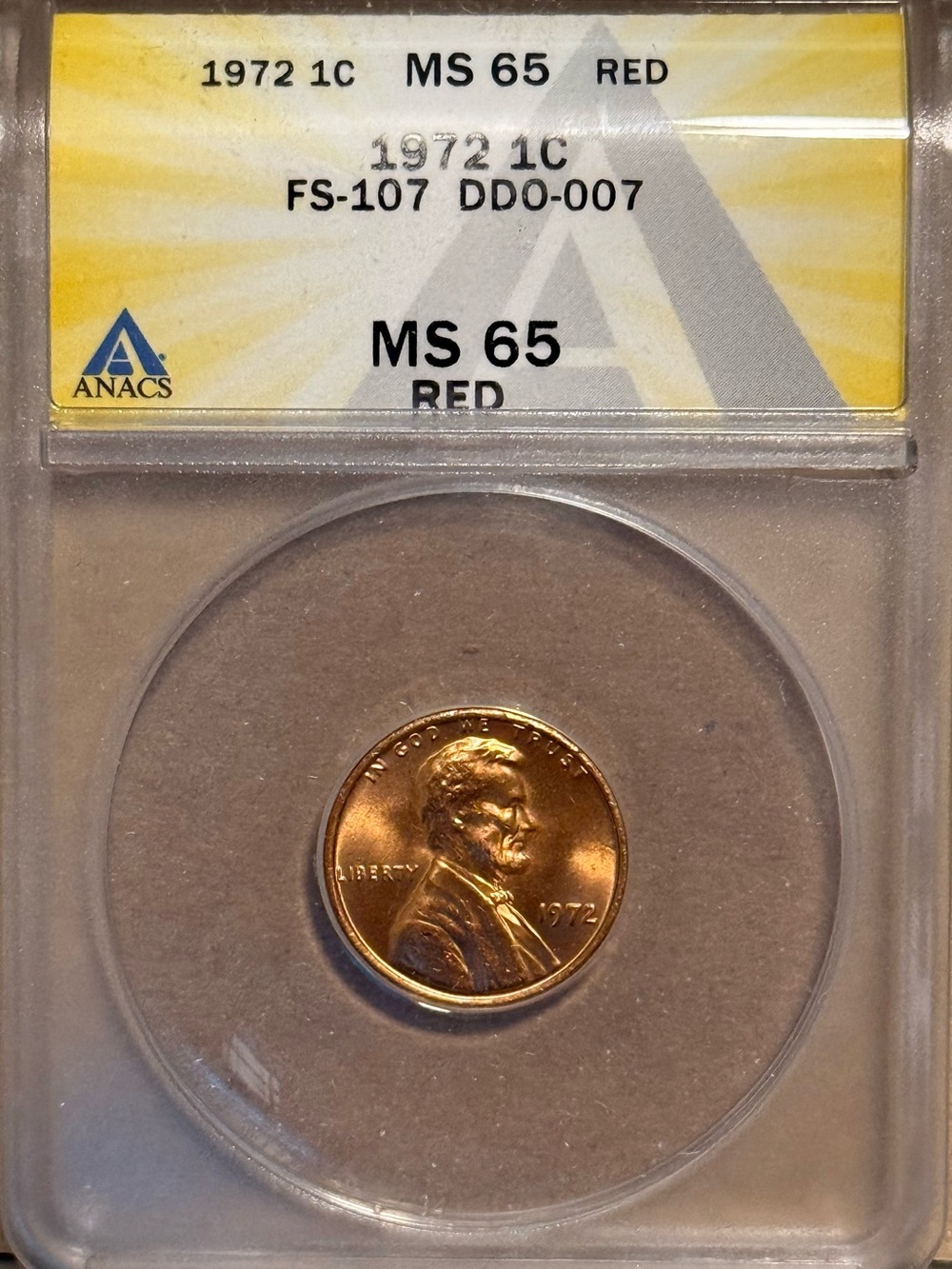 1972 Lincoln Memorial Penny, Mint Error DDO-007, FS-007 • Graded ANACS MS65 Red